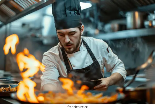 Focused male chef sauteing vegetables in a pan over a high flame