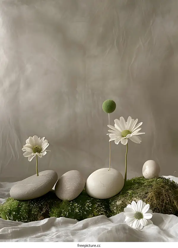 White Daisies and Green Ball on Stones with Moss Background