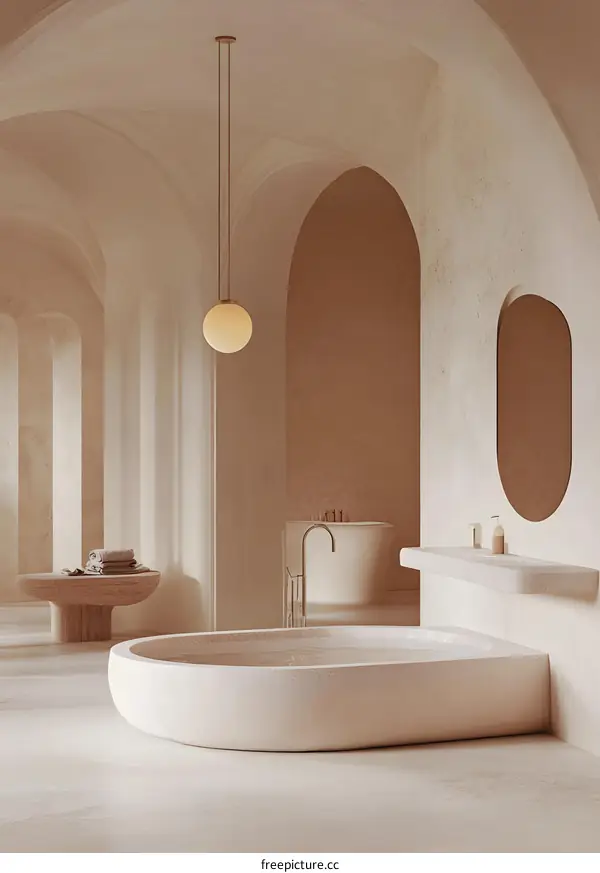 Modern Bathroom Interior Design With Oval Bathtub and Arch
