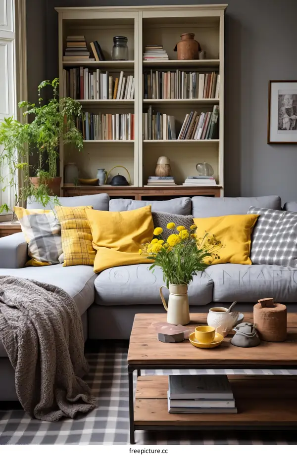 A Comfortable Living Room Featuring a Gray Couch and Yellow Decor