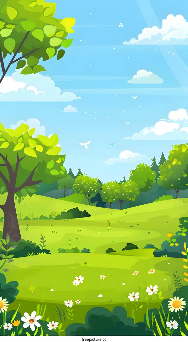 Green Meadow Landscape With Trees And Flowers