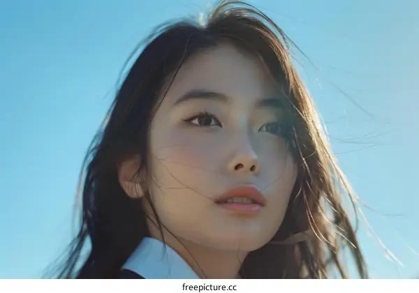 A Beautiful Asian Woman with Long Black Hair Blowing