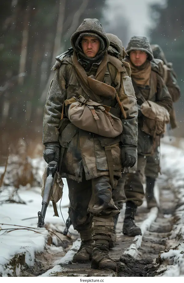 Three soldiers walking in the snow