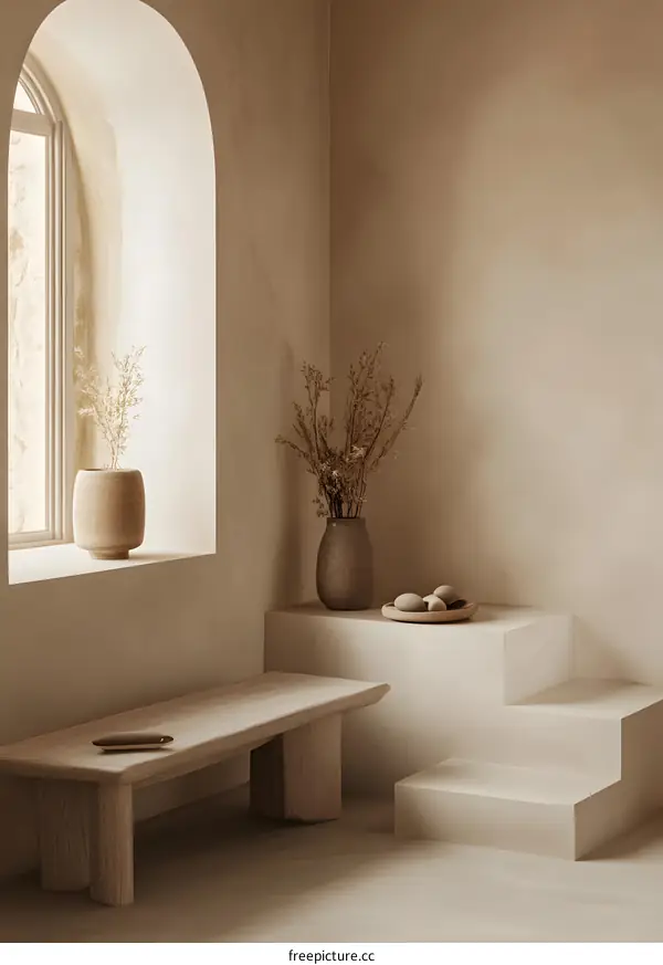 Minimalist Interior Design with Wooden Bench and Arched Window