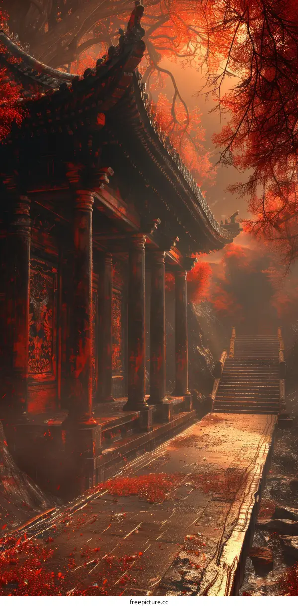 Crimson Autumn Temple Pathway