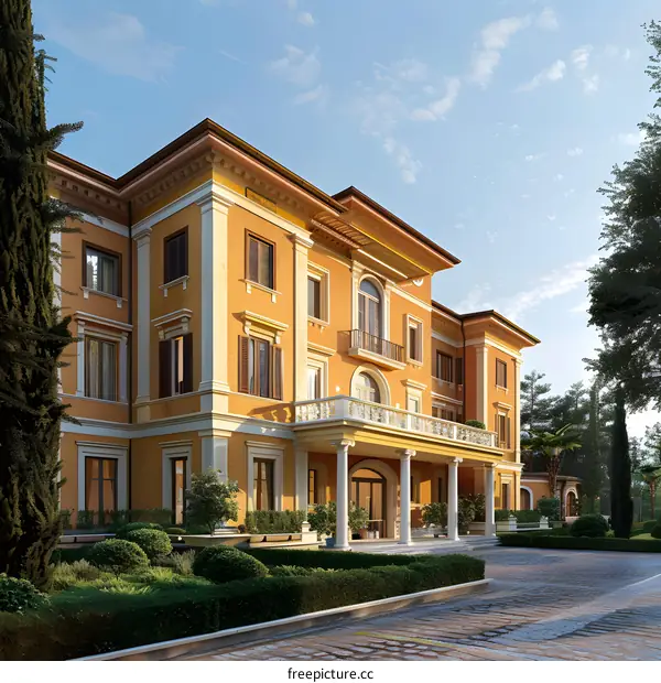 Italian Style Villa With Lush Greenery And Cobblestone Driveway