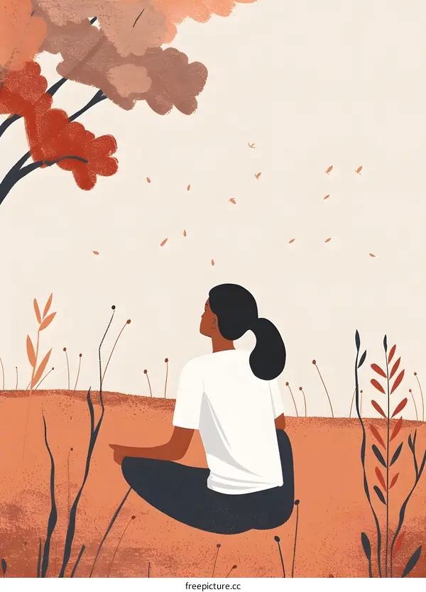 Woman Sitting in Nature, Looking Up at Fall Leaves