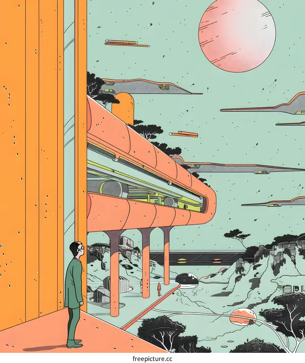 Futuristic Cityscape with a Man Looking Out