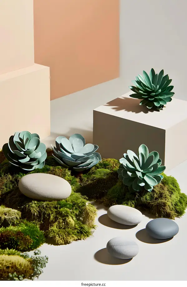 Green Succulents and Stones on Mossy Ground with Minimalist Background