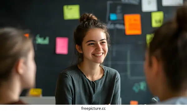 Smiling Young Woman in a Meeting with Colleagues