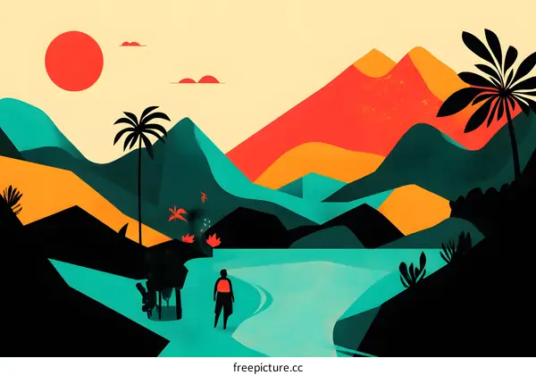 Abstract Landscape with Person Walking in Mountain Valley