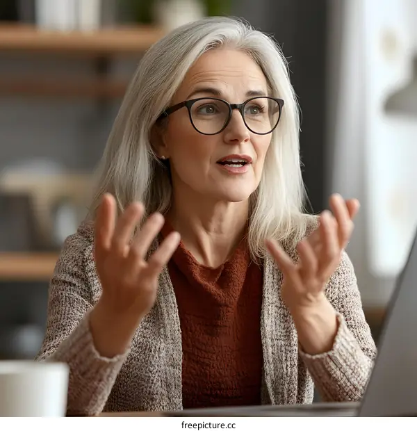 Mature Woman with Grey Hair and Glasses Talking Enthusiastically