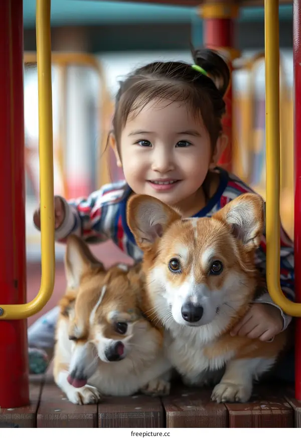 A smiling toddler sits between two corgis on a playground structure.