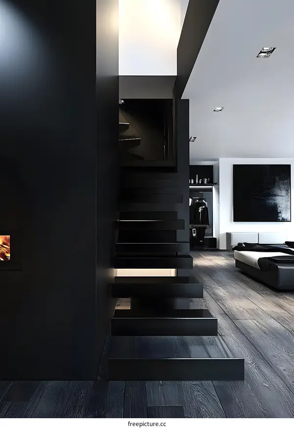 Modern Black Staircase in a Minimalist Interior