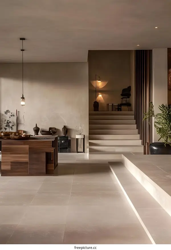 Modern Minimalist Interior Design with Wooden Countertop and Staircase