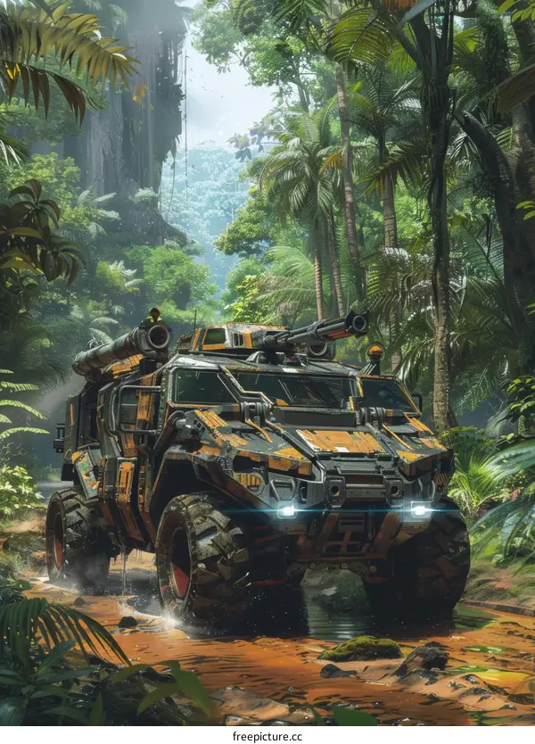 Armored Vehicle Moving Through Dense Jungle Landscape