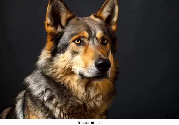 A majestic wolf with golden eyes and a dark coat