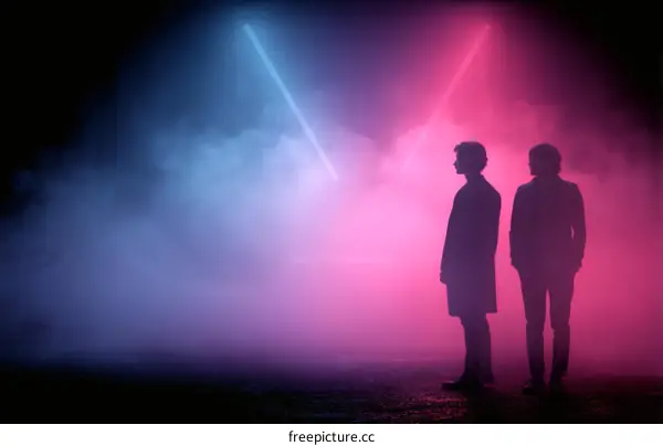 Two Silhouette Figures in Neon Light
