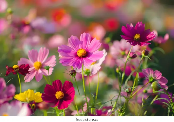 Closeup of Pink and Yellow Cosmos Flowers in a Field