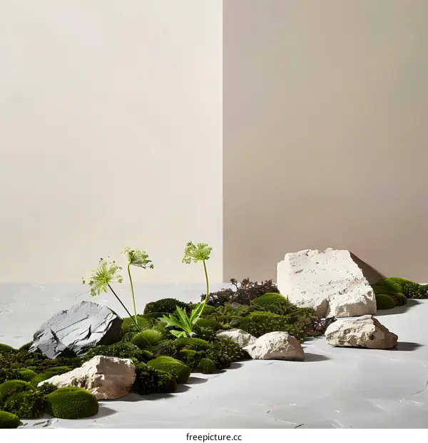 Minimalist Green Plants and Rocks on White Background