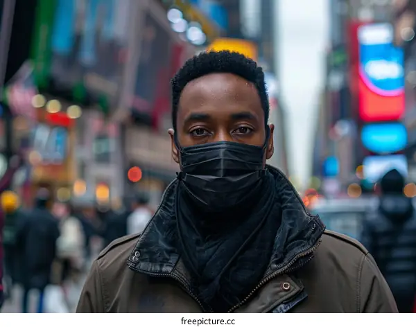 A young African-American man wearing a mask in Times Square
