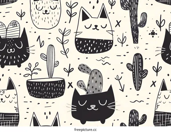Black and White Seamless Pattern with Cats and Cactus