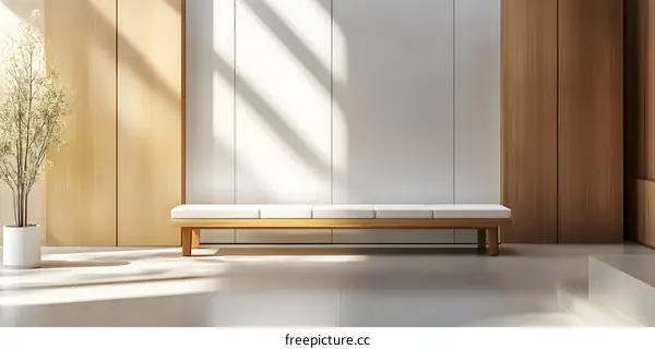 Modern Minimalist Interior Design with Wooden Wall Panels and White Bench