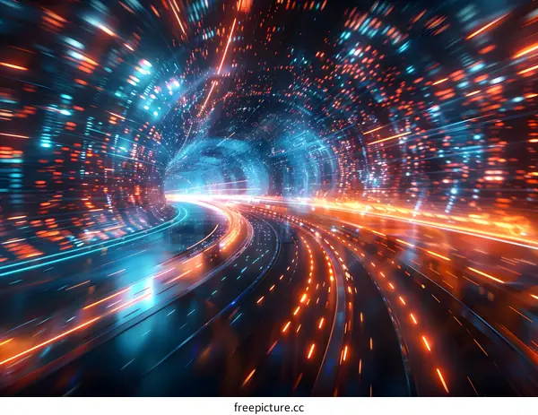 Blue and orange glowing technology tunnel