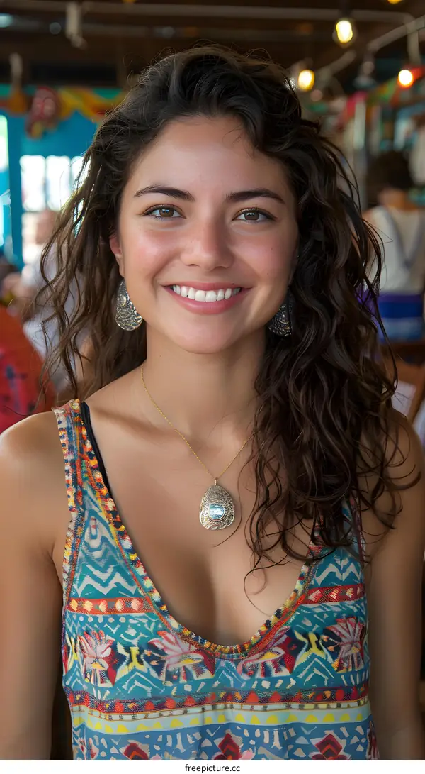 Smiling Woman with Curly Hair Wearing a Colorful Patterned Dress