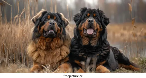 Two Tibetan Mastiffs Resting on the Grass