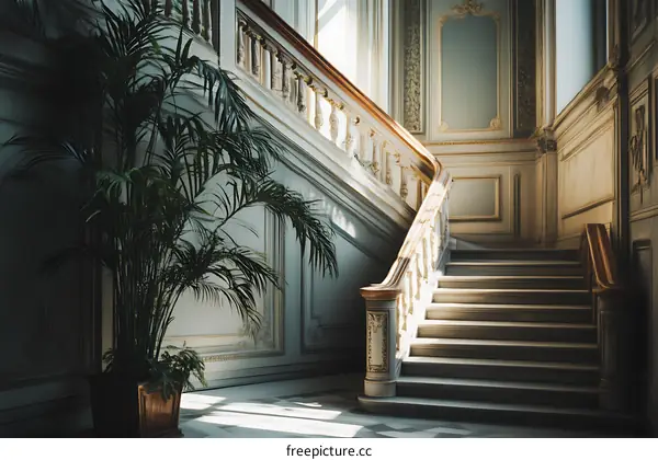 Elegant Staircase with Palm Plant in a Classic Building