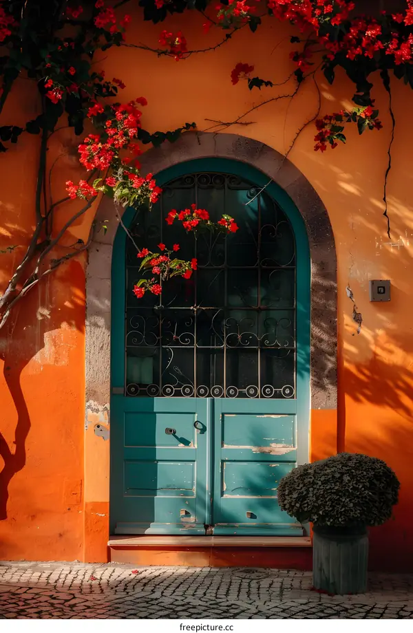 Blue Door with Red Flowers on a Orange Wall in Portugal
