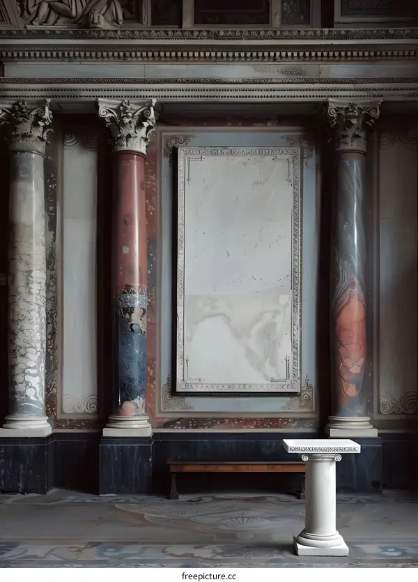Marble Columns and a Stone Bench in an Ornate Room