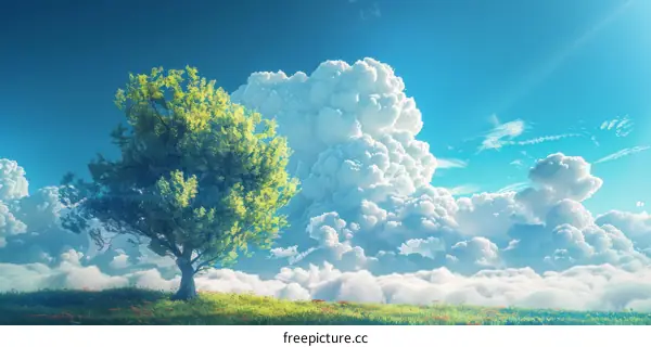 Tranquil Green Tree Against White Clouds