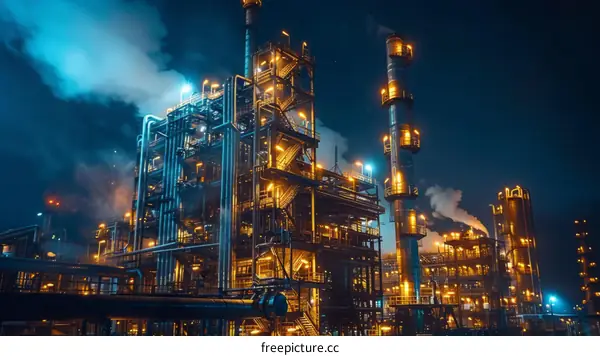 Oil Refinery Factory at Night with Bright Lights and Smoke