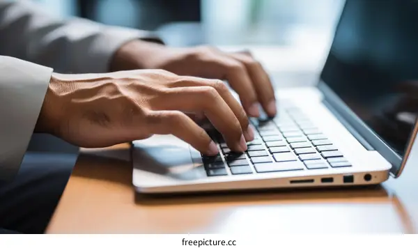 A person of African descent is typing on a laptop keyboard