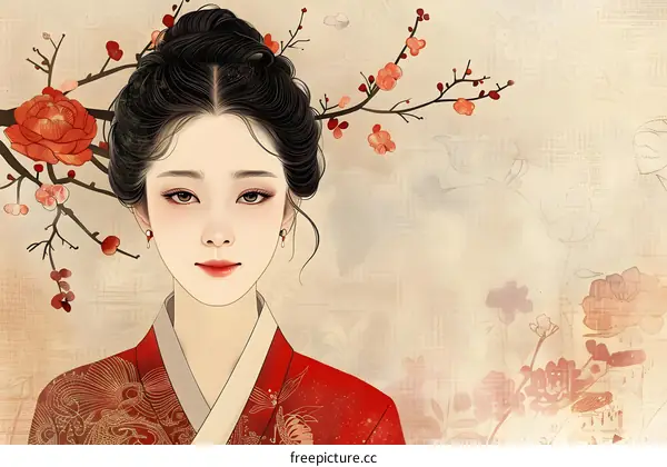 A Chinese Ancient Lady in Red Hanfu