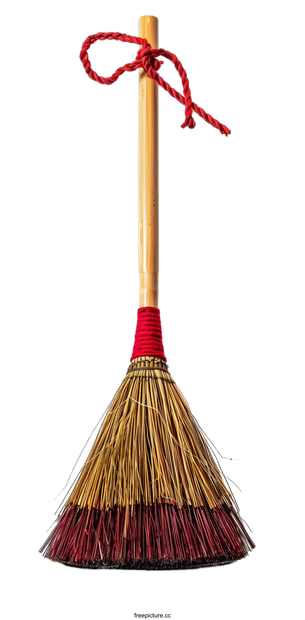[Transparent Background PNG]Handmade Natural Broom with Red String Handle