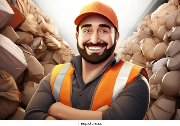 Happy waste collector in front of a pile of garbage bags