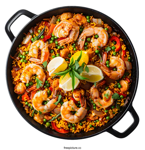 [Transparent Background PNG]Seafood Paella with Shrimps Mussels and Peas