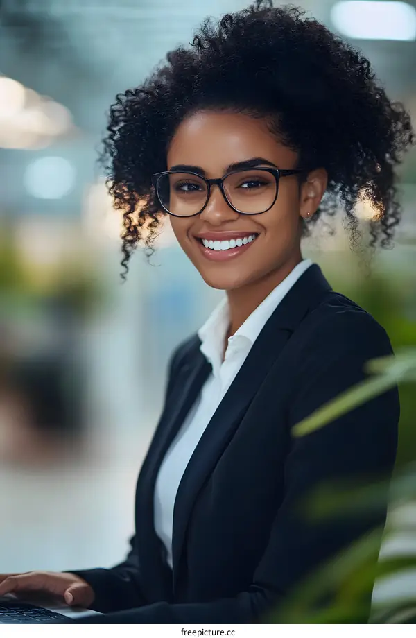 Smiling African American Businesswoman Working on Laptop