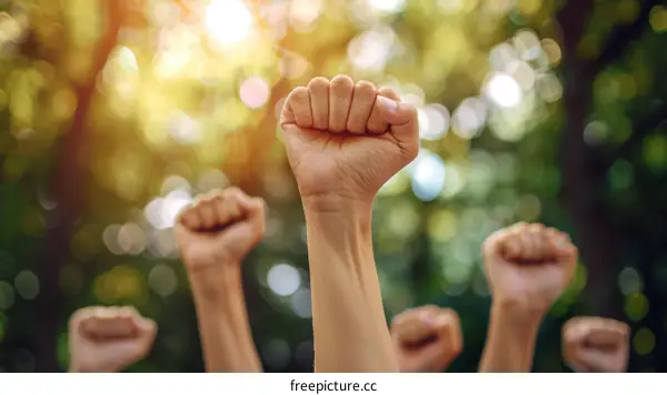 A group of people raising their fists in the air in front of a blurred background of trees.