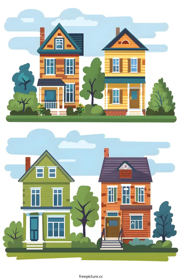 Beautiful Cartoon Illustration of Houses on a Sunny Day