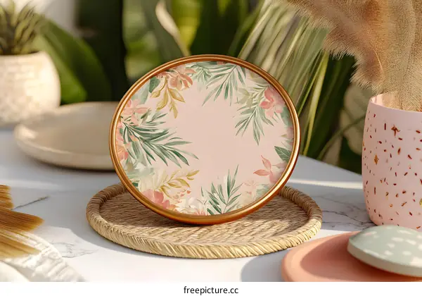 Floral Patterned Round Plate with Golden Frame