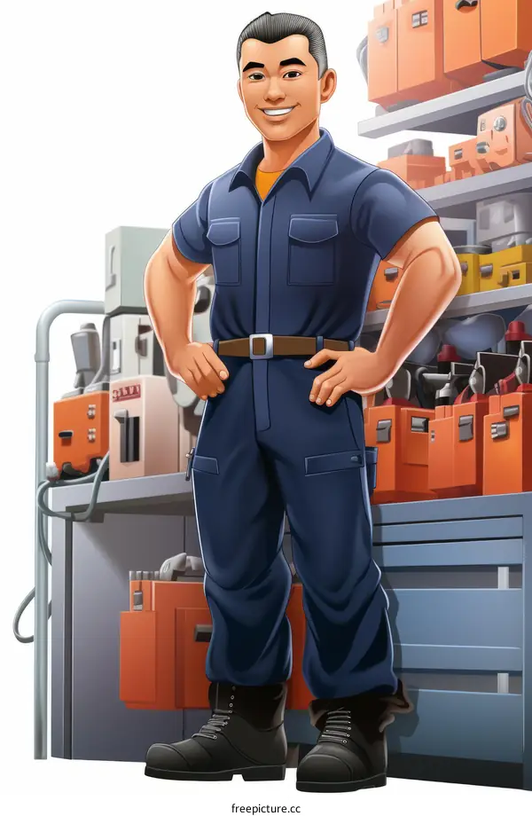Asian man in blue jumpsuit standing in front of a workbench