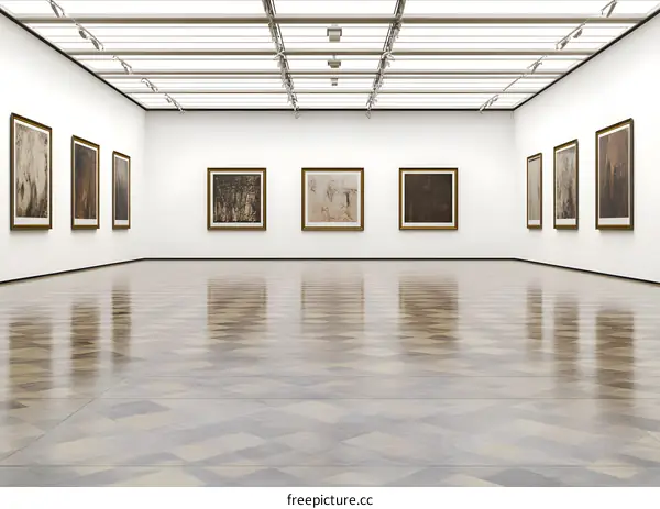 Empty Gallery Room With Paintings On White Walls