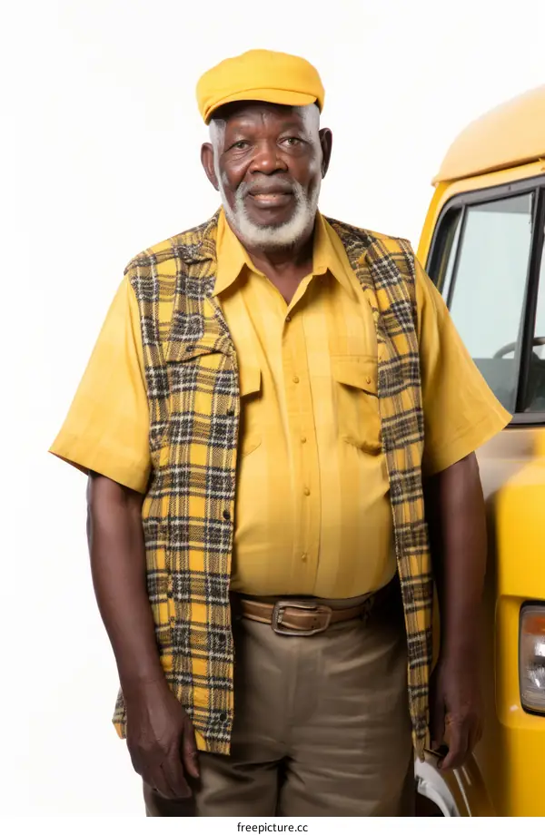 A smiling elderly African man wearing a yellow hat and yellow shirt stands in front of a yellow truck.