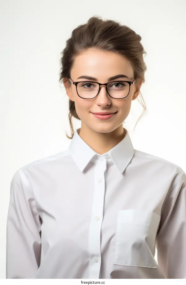 portrait of a young woman wearing glasses and a white shirt