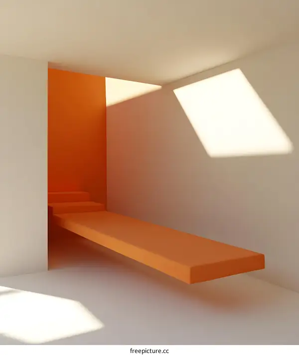 Minimalist Architecture Interior with Orange Floating Platform and Light Beams