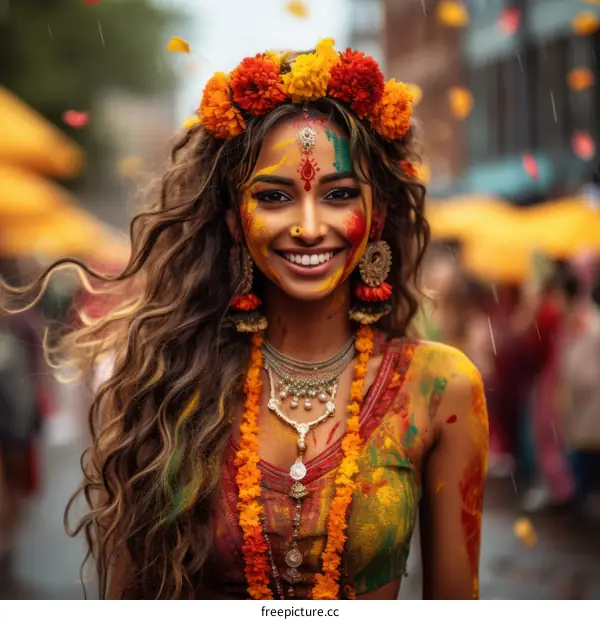 Portrait of a young Indian woman with colorful face paint and flower garland